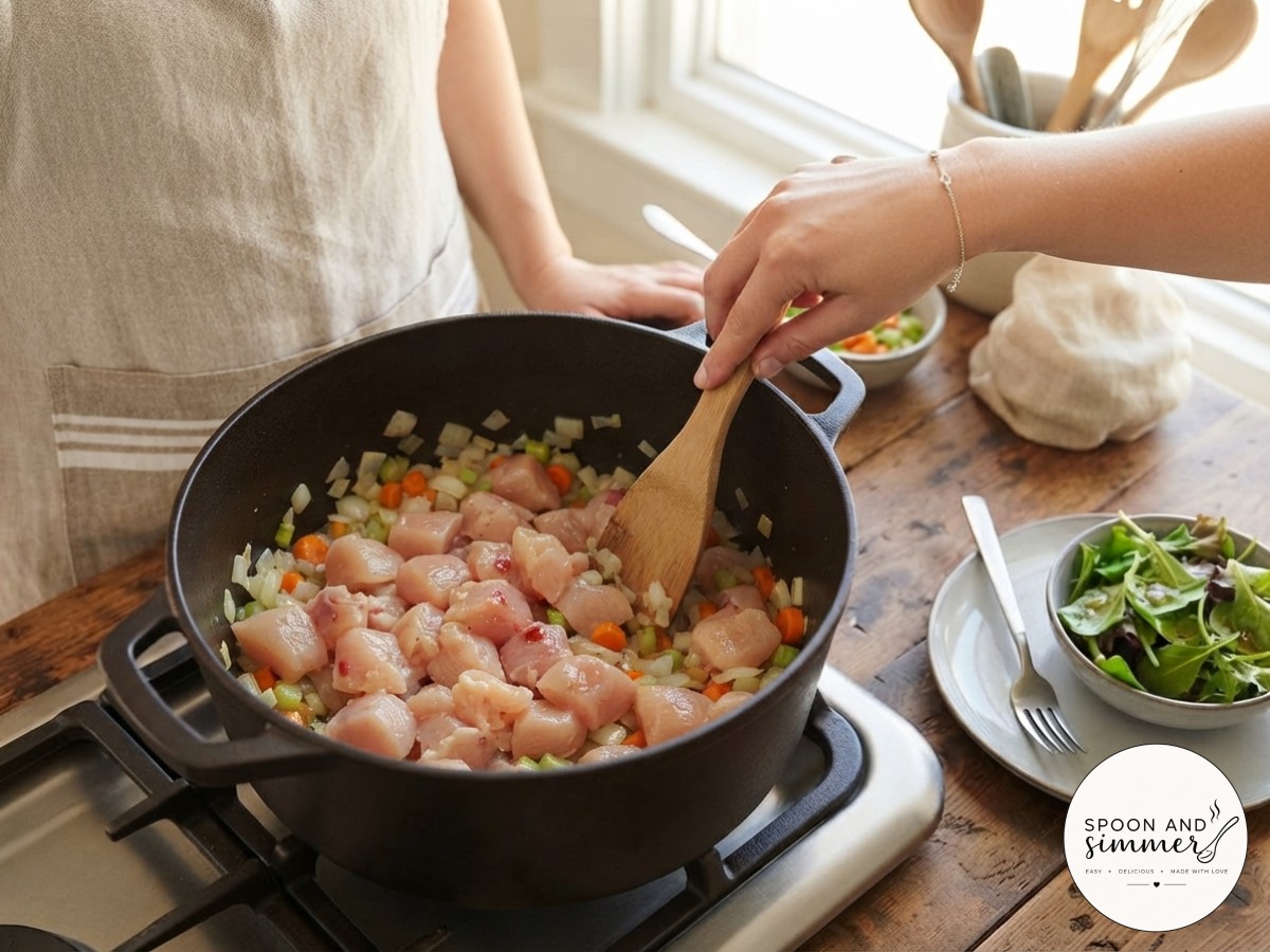 Raw cubed chicken breast joins the softened vegetables for this one pot gnocchi chicken pot pie.