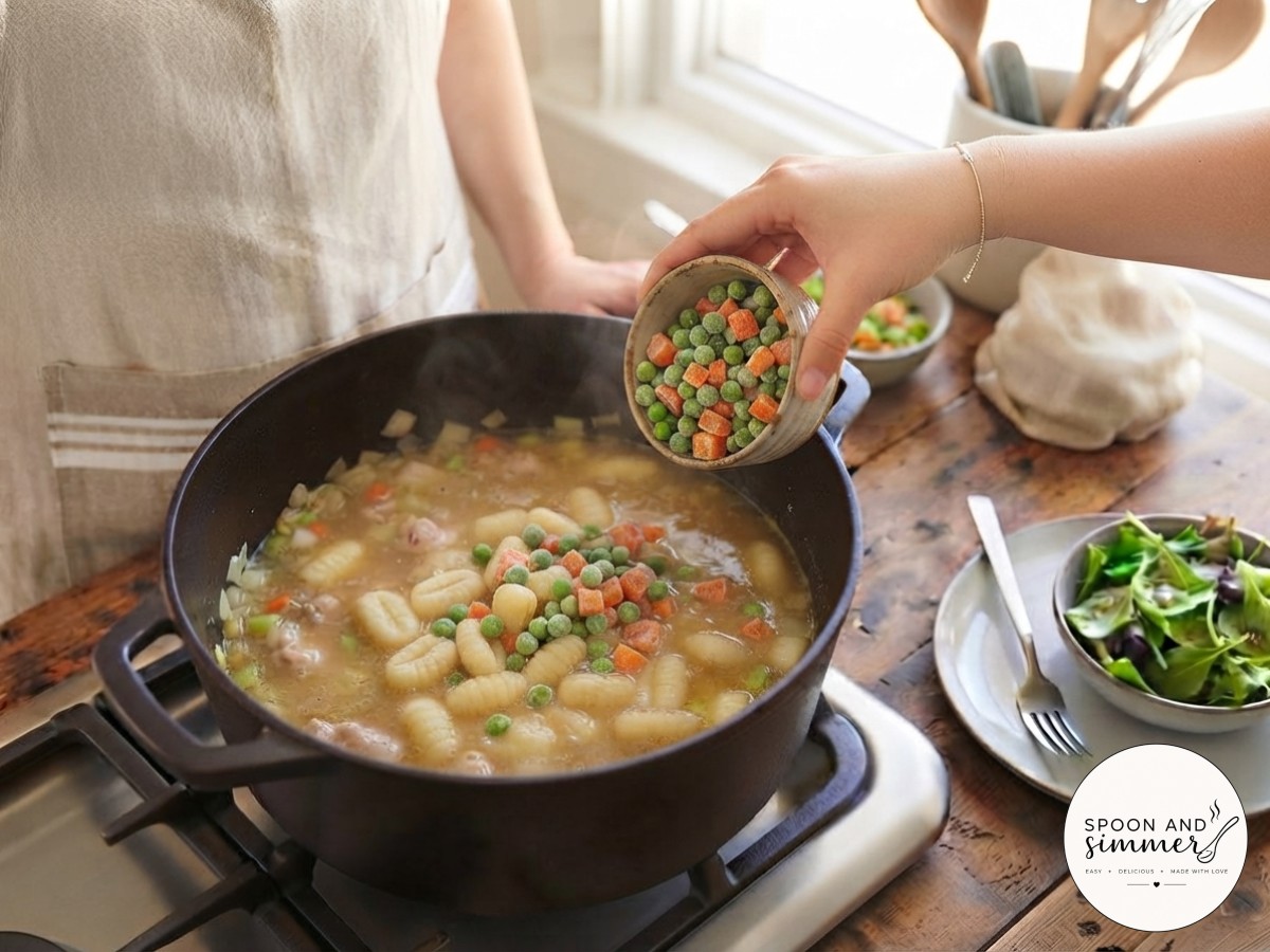 Frozen peas and carrots stir into the thickening sauce as the one pot gnocchi chicken pot pie comes together.