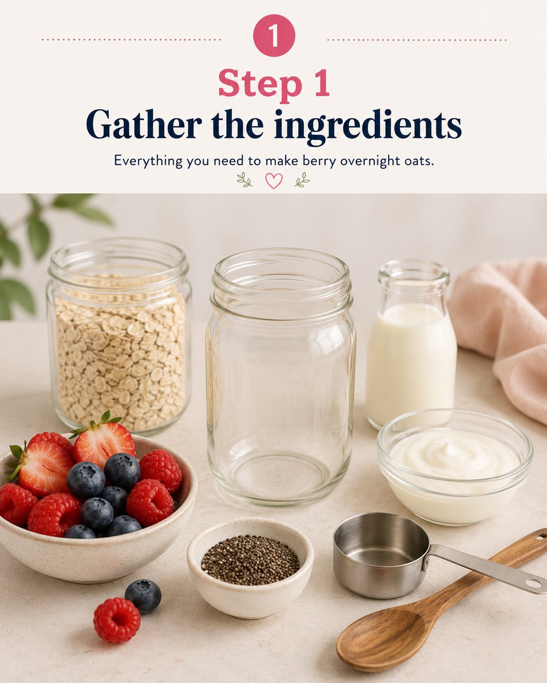 Ingredients laid out on a counter for overnight oats calories by topping comparison including oats, milk and berries