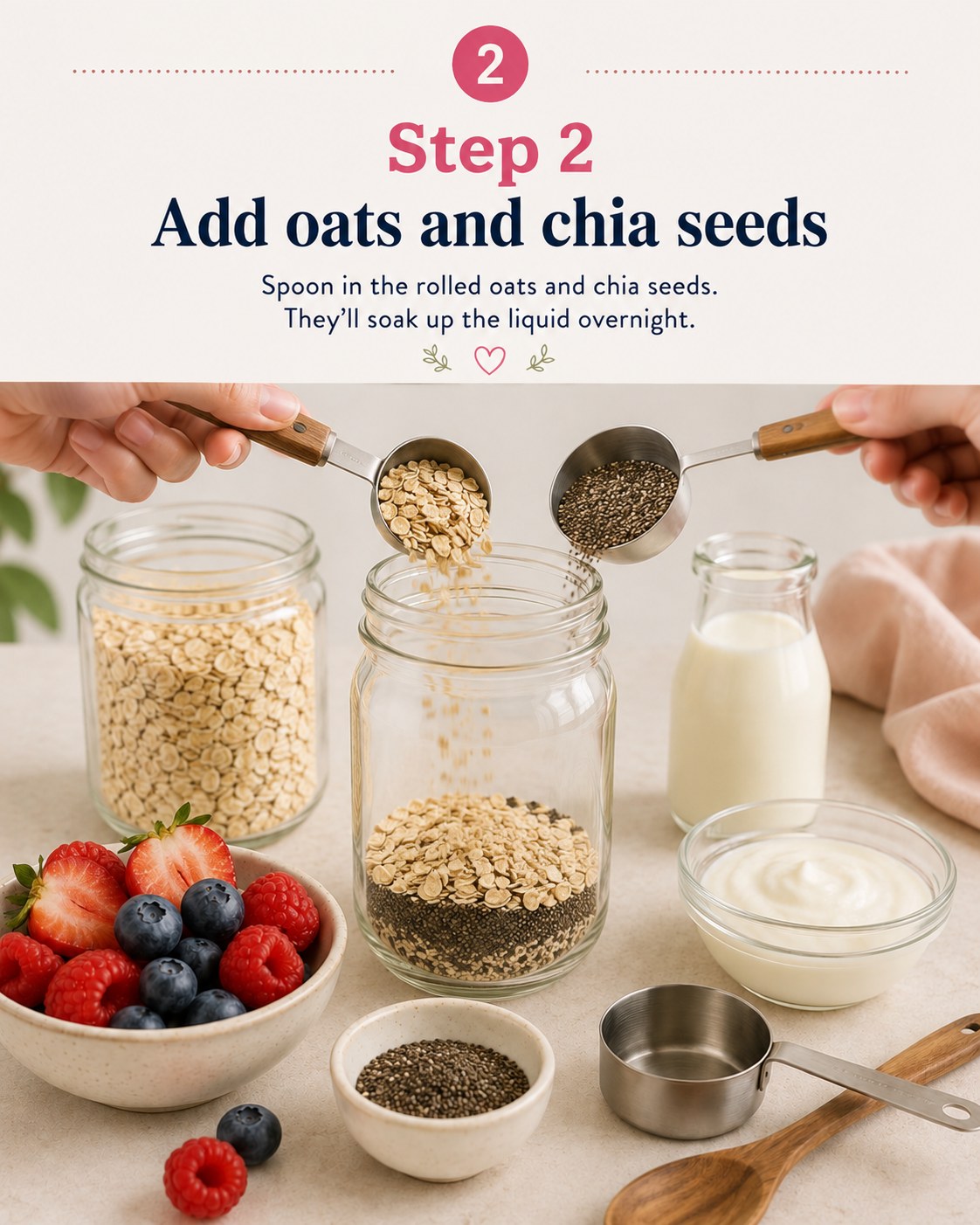 Hands spooning rolled oats and chia seeds into a glass jar as the first layer of overnight oats