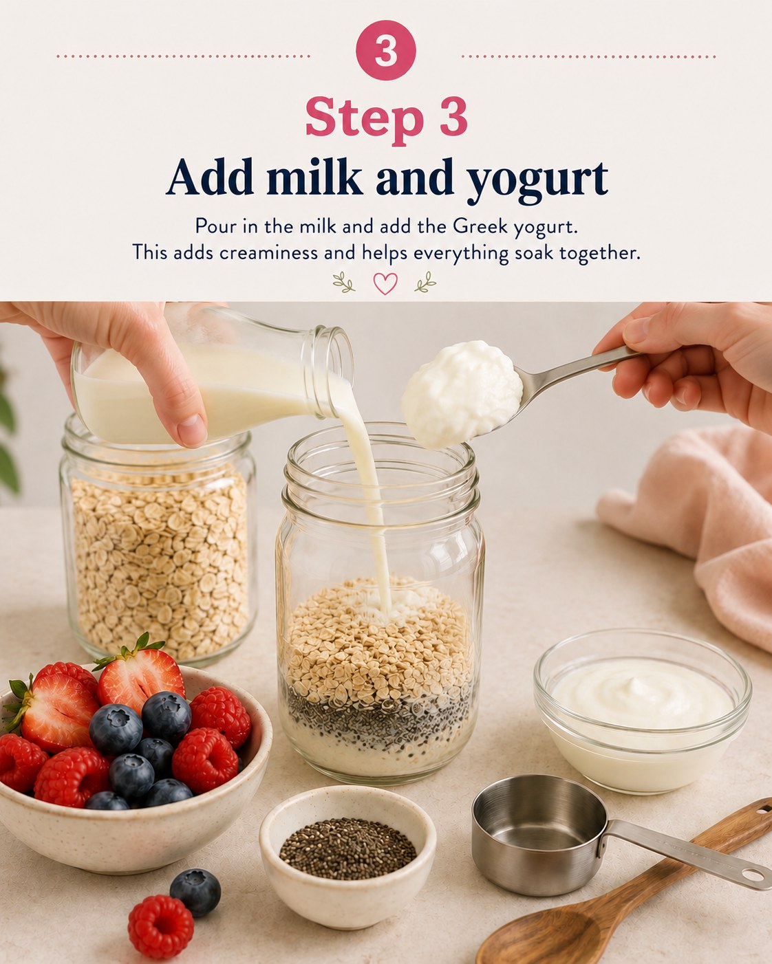 Pouring milk and adding a spoonful of Greek yogurt into a jar of oats and chia seeds