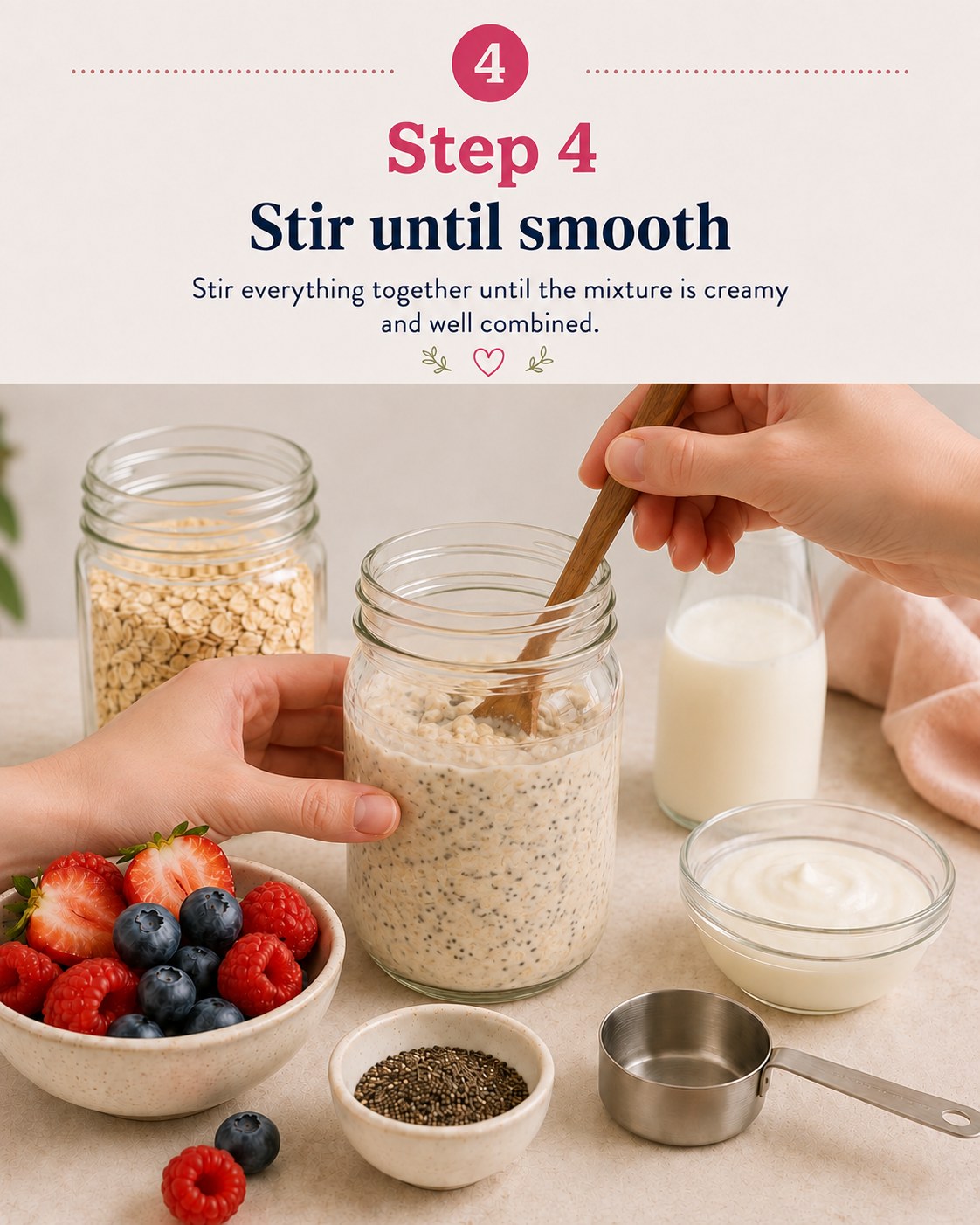 Stirring overnight oats with a wooden spoon until the oat and yogurt mixture turns smooth