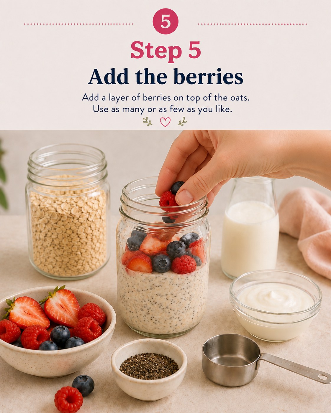 Layering fresh strawberries, blueberries and raspberries on top of oats to compare overnight oats calories by topping