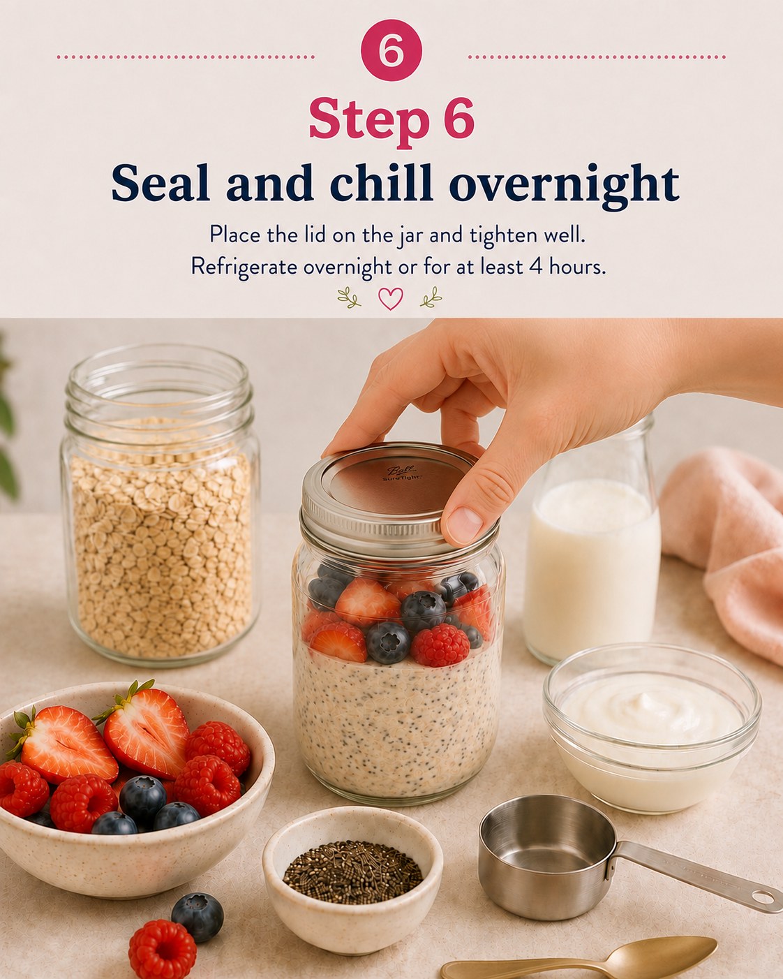 Sealing a mason jar of overnight oats with a metal lid before an overnight refrigerator chill