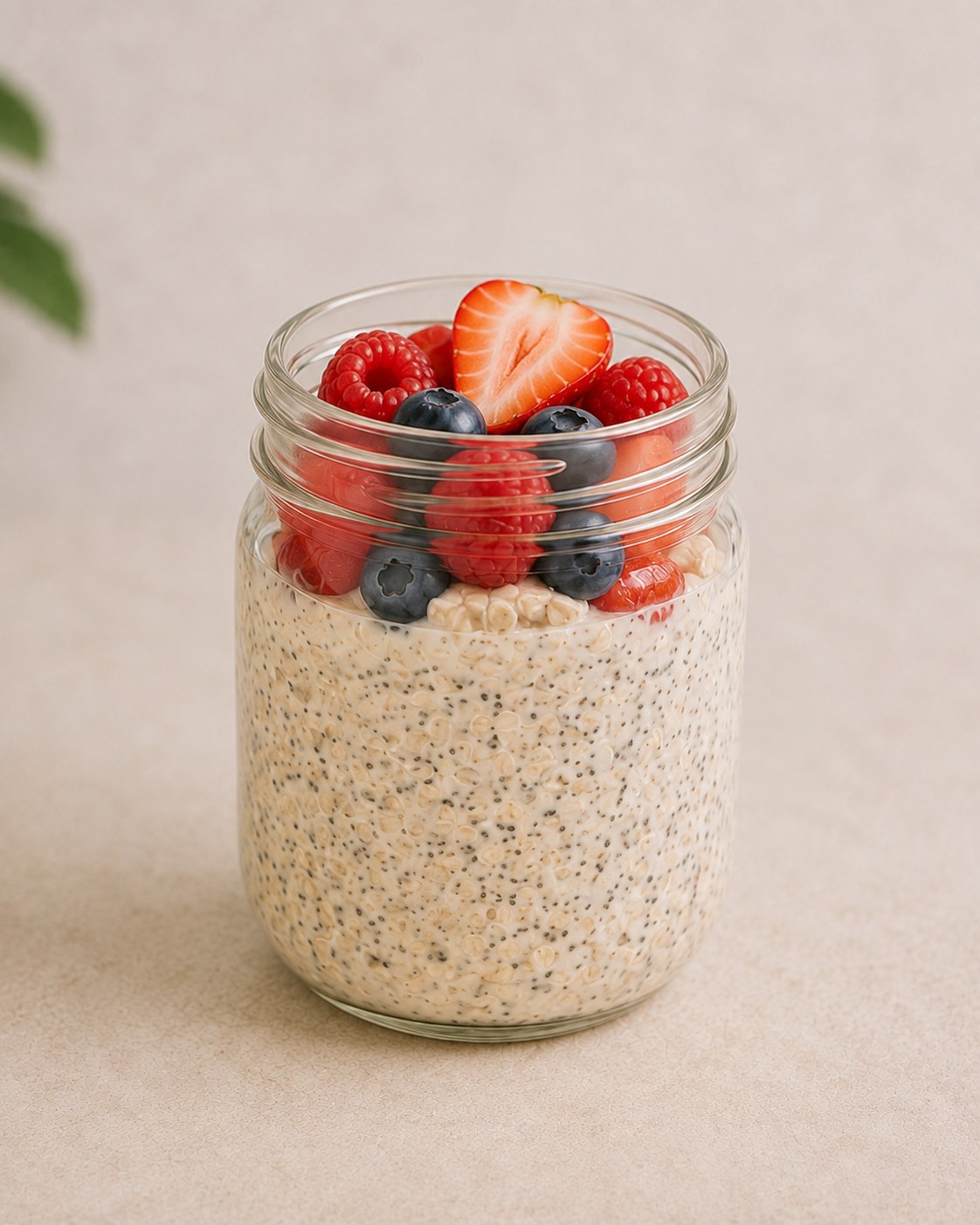 Finished jar of overnight oats topped with mixed berries showing the lowest calorie topping option