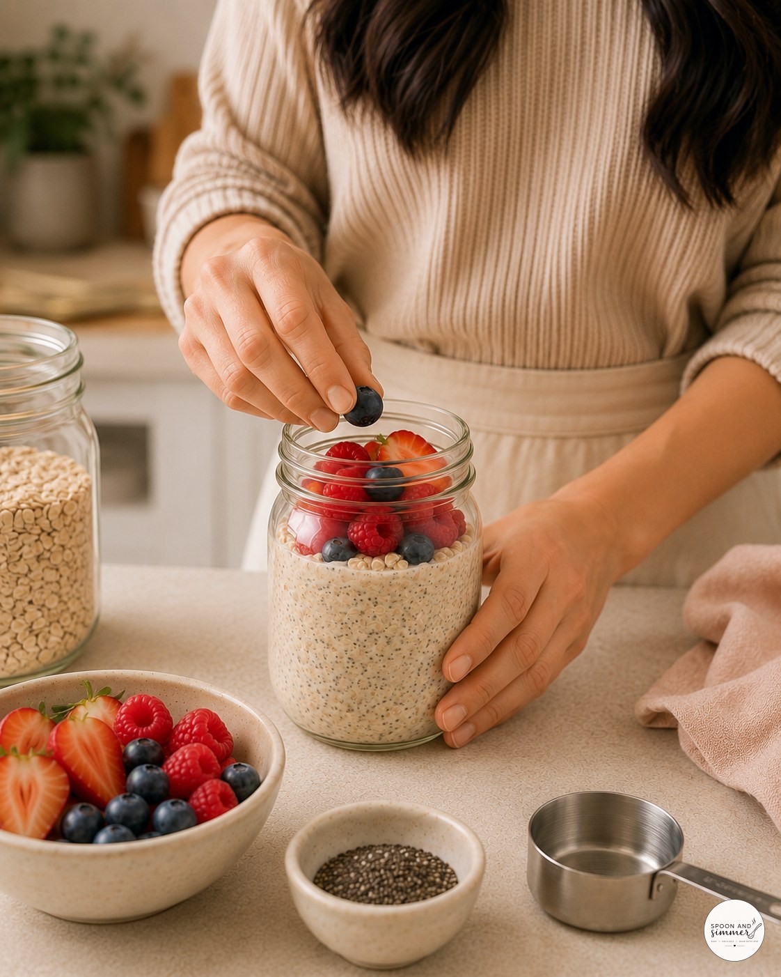 Adding a final blueberry on top of a finished overnight oats jar with fresh berries