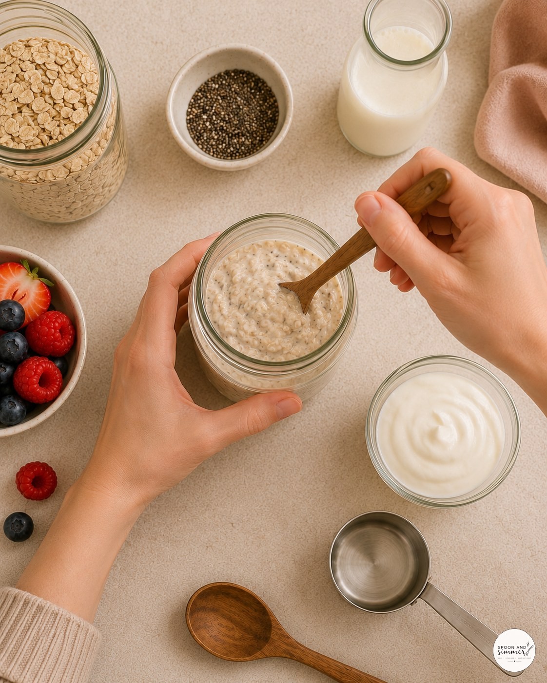 Overhead view of stirring overnight oats to a smooth, glossy consistency in a jar