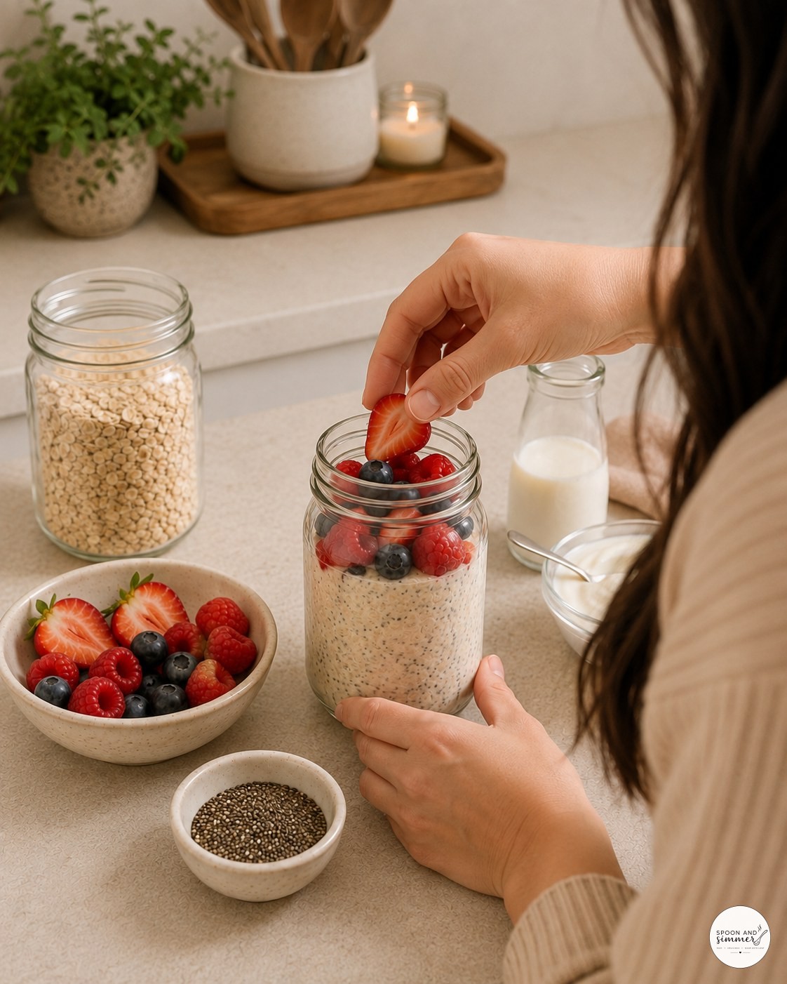 Placing fresh strawberries on layered overnight oats near natural kitchen light