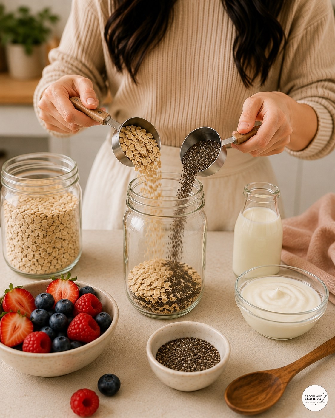 Pouring oats and chia seeds simultaneously into a glass jar for overnight oats prep