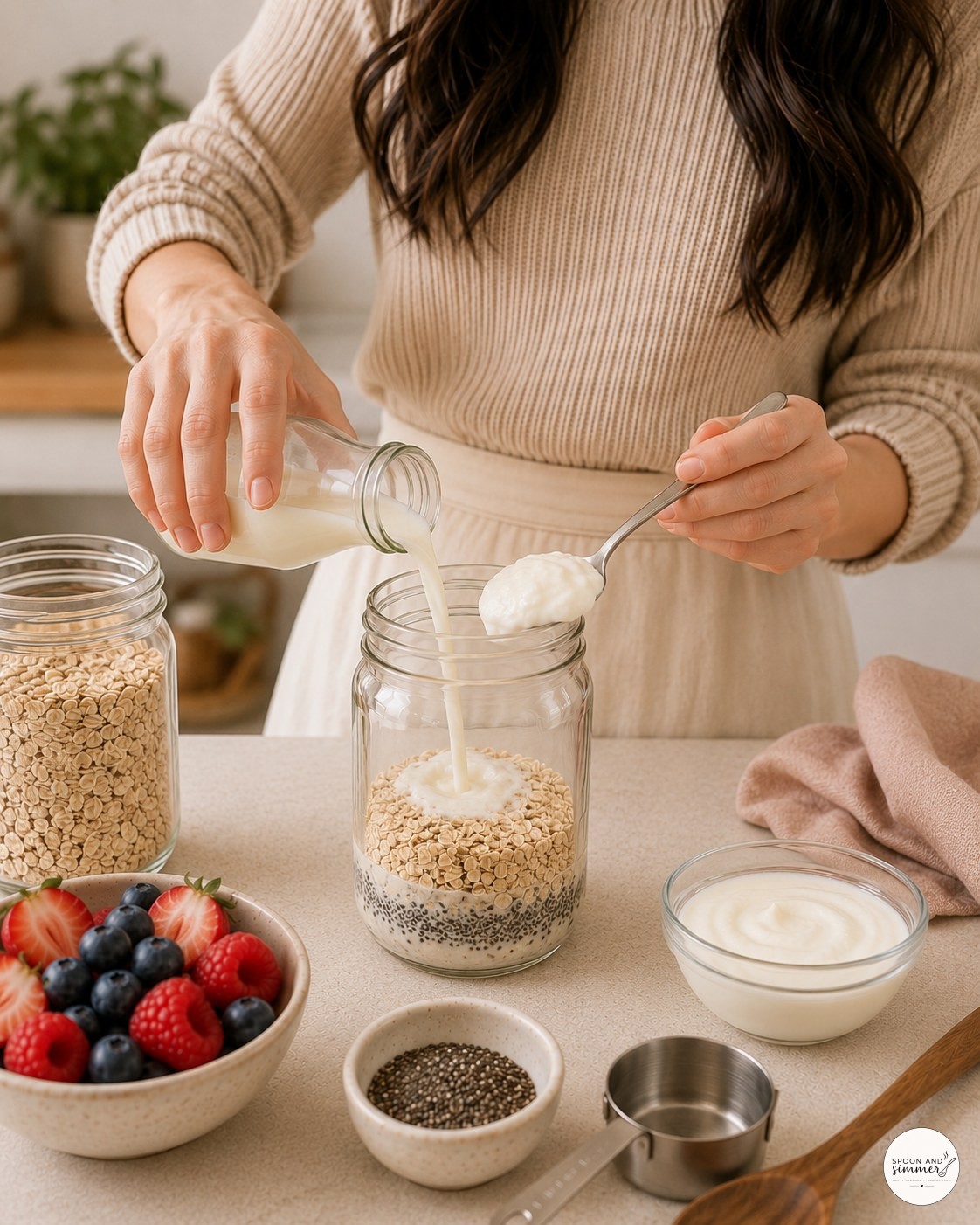 Pouring milk and adding Greek yogurt into a jar for creamy overnight oats