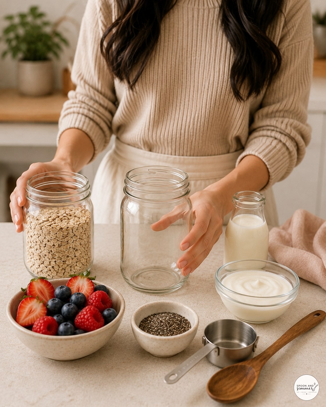 Reaching for oats, jar and berries laid out on a kitchen counter to start overnight oats