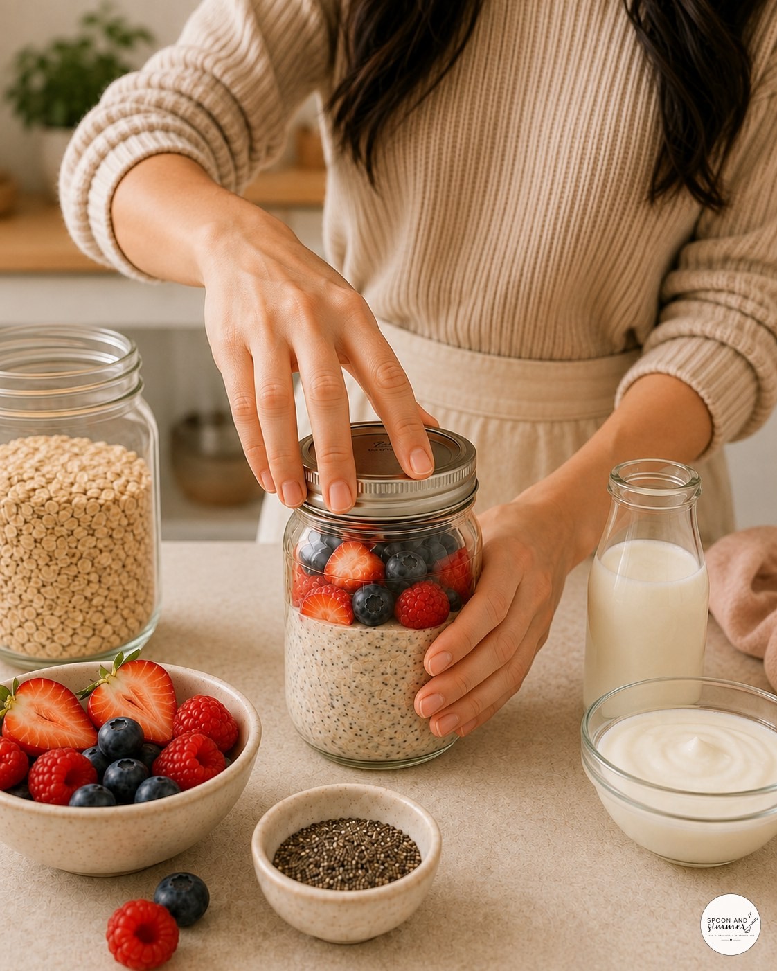 Twisting the lid closed on a jar of overnight oats before refrigerating overnight