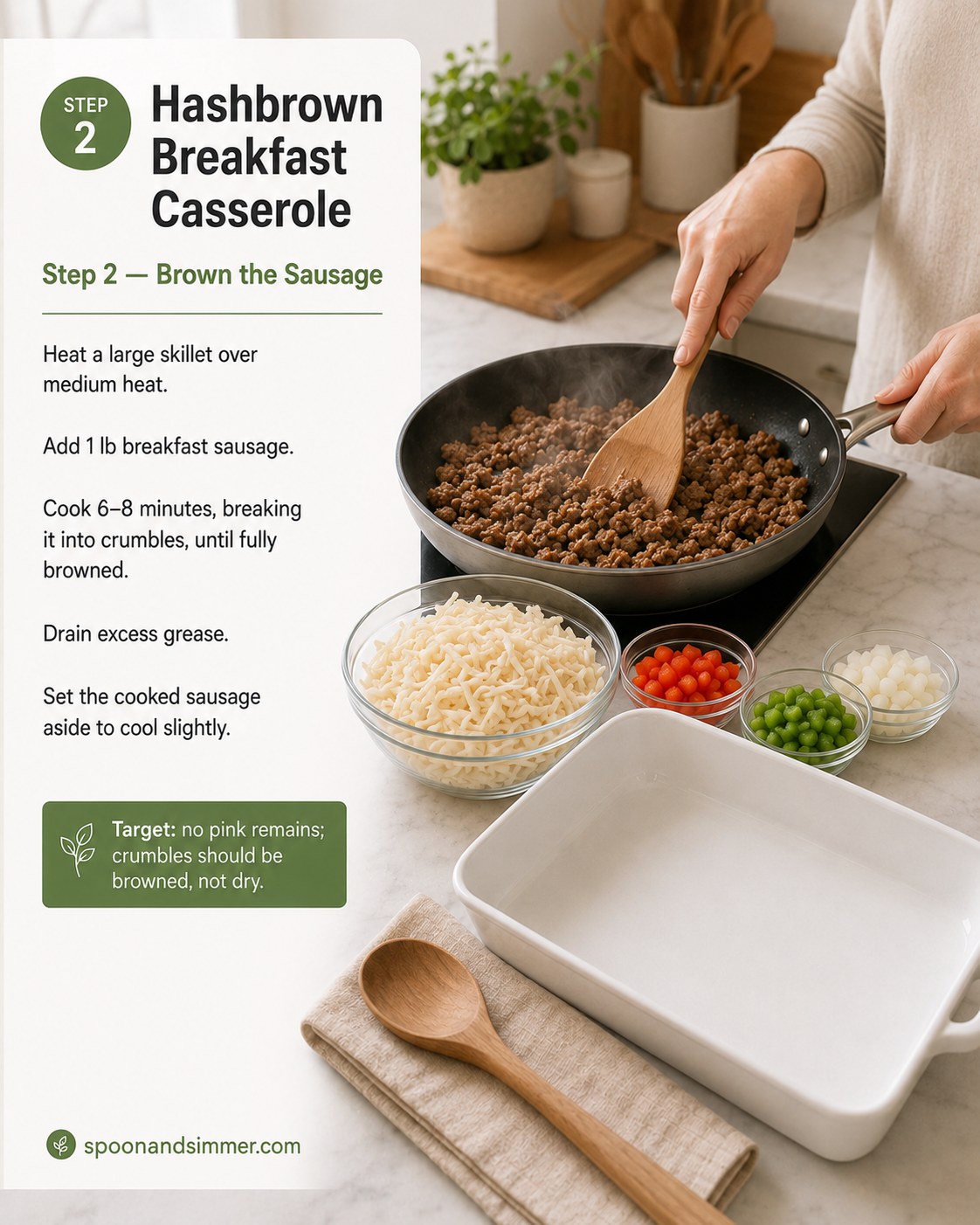Browning breakfast sausage in a skillet for sausage hash brown breakfast casserole