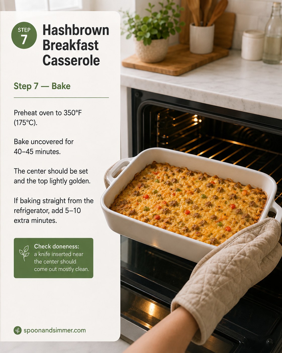 Golden baked sausage hash brown breakfast casserole fresh out of the oven