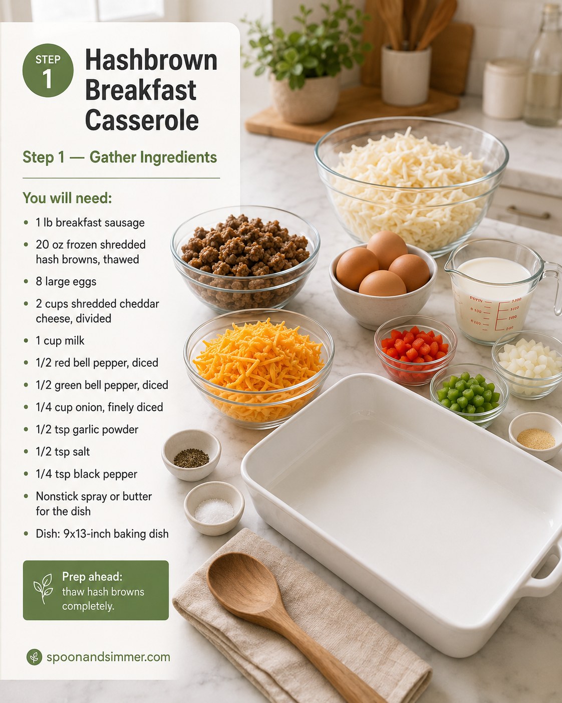 Ingredients laid out for a sausage hash brown breakfast casserole including eggs, cheese, and peppers