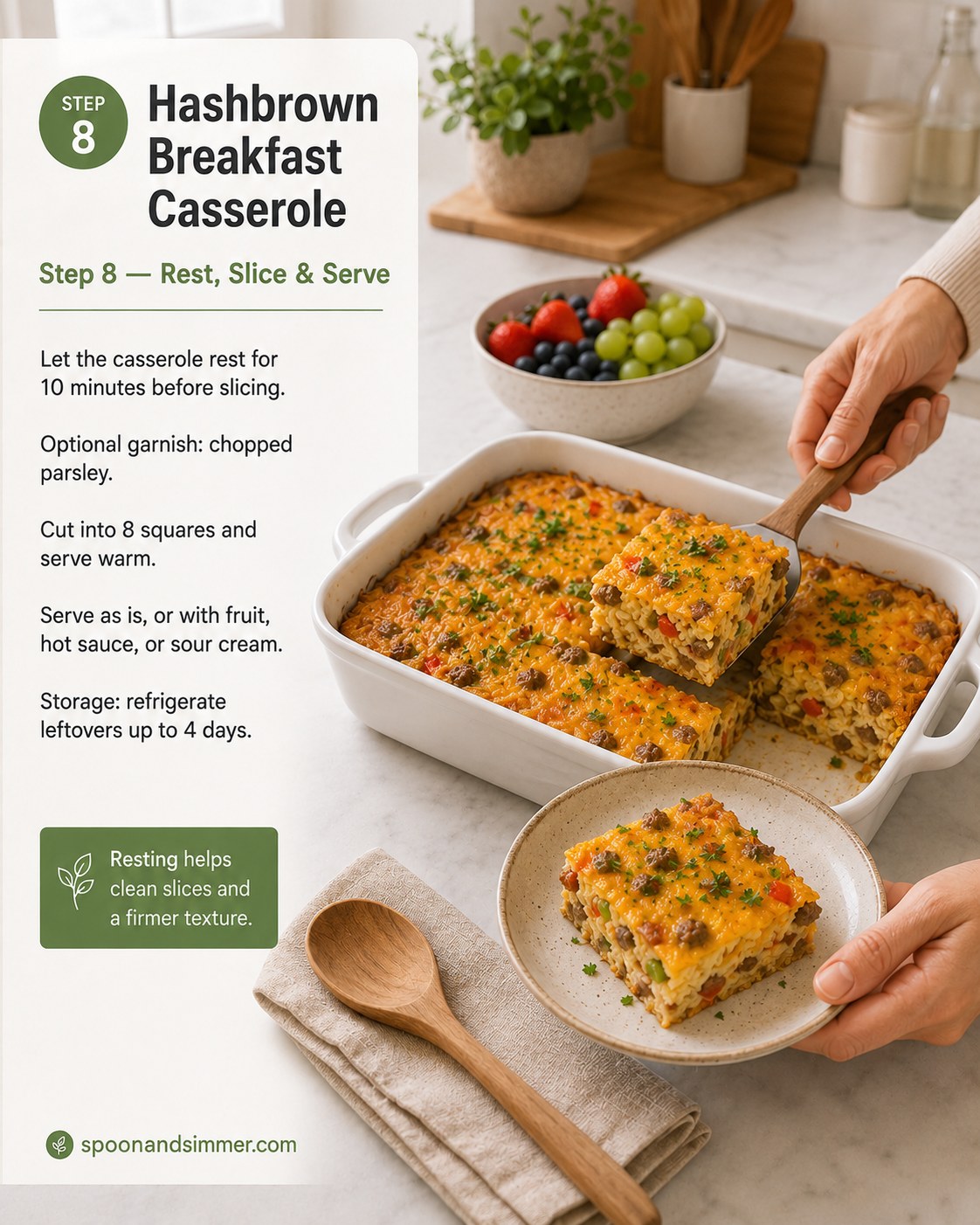Slicing a warm sausage hash brown breakfast casserole into squares to serve