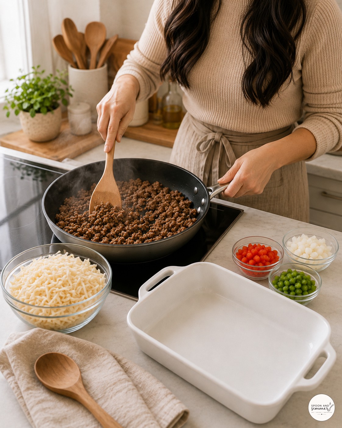 Browning breakfast sausage in a nonstick skillet on the stovetop for hash brown casserole