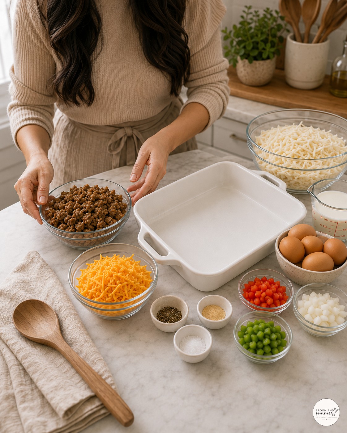 Home cook arranging ingredients for sausage hash brown breakfast casserole on a marble counter
