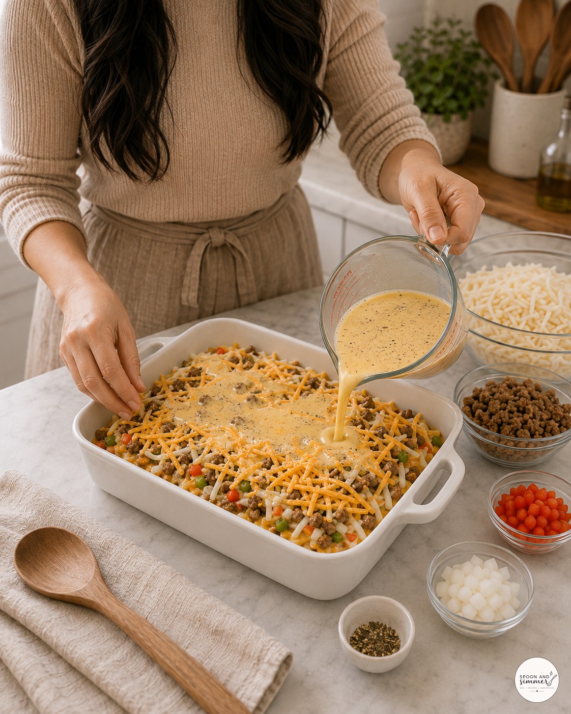 Pouring egg custard over sausage and hash browns in a baking dish