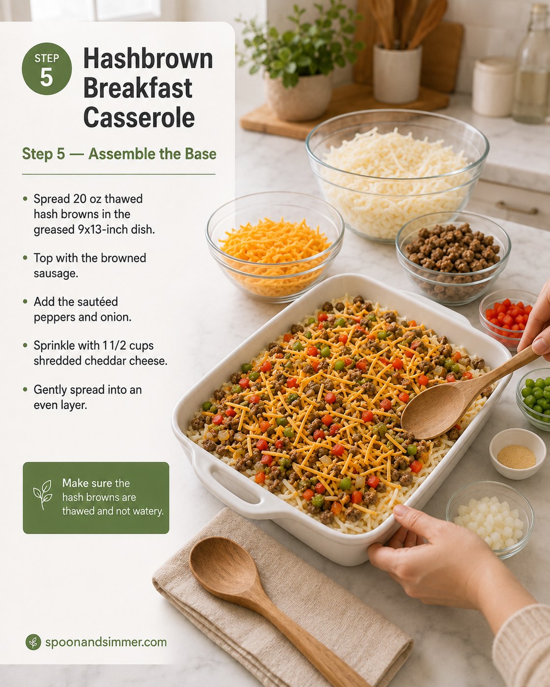 Layering hash browns, sausage, and cheese in a baking dish for breakfast casserole