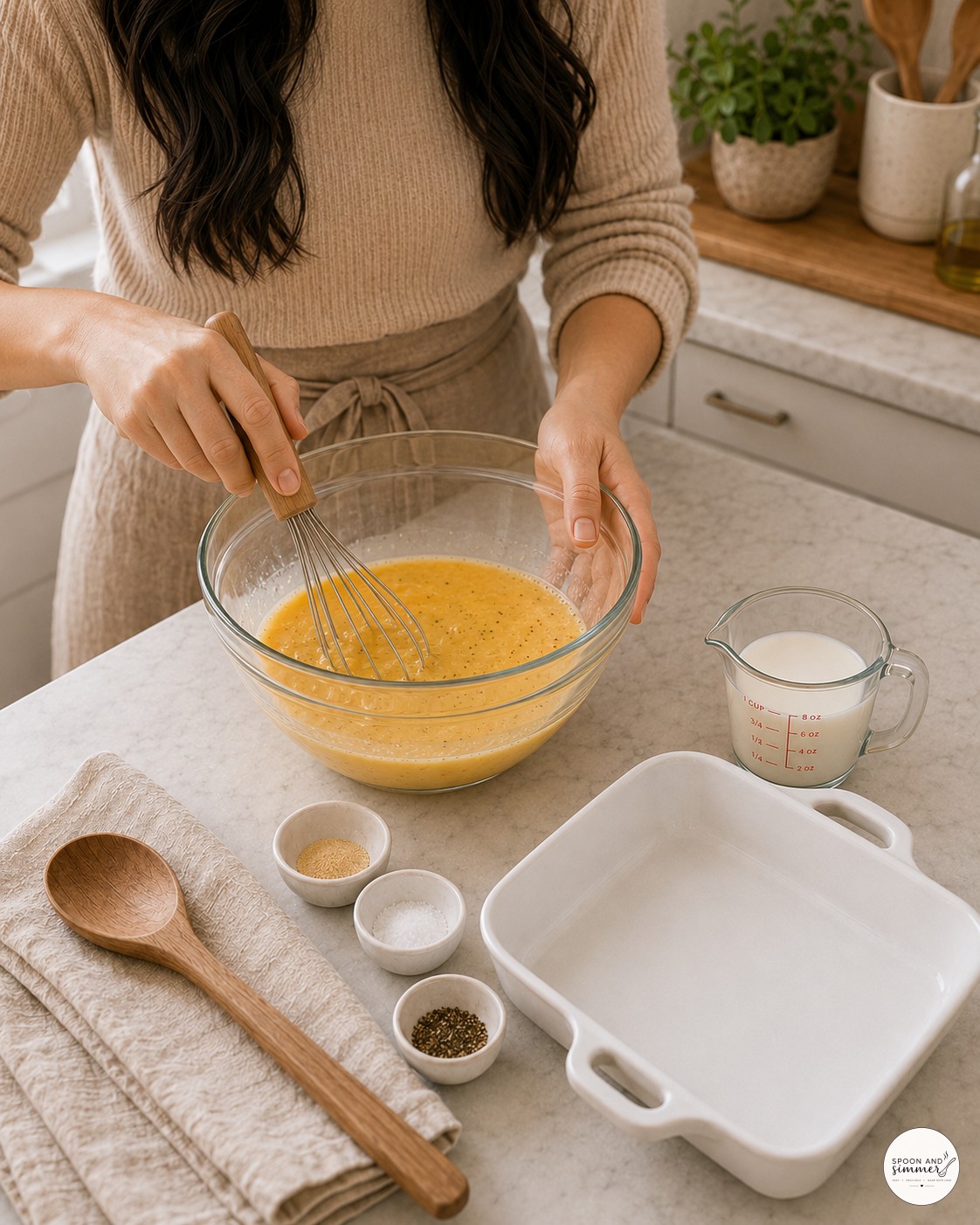 Whisking eggs and milk together in a glass bowl for breakfast casserole custard