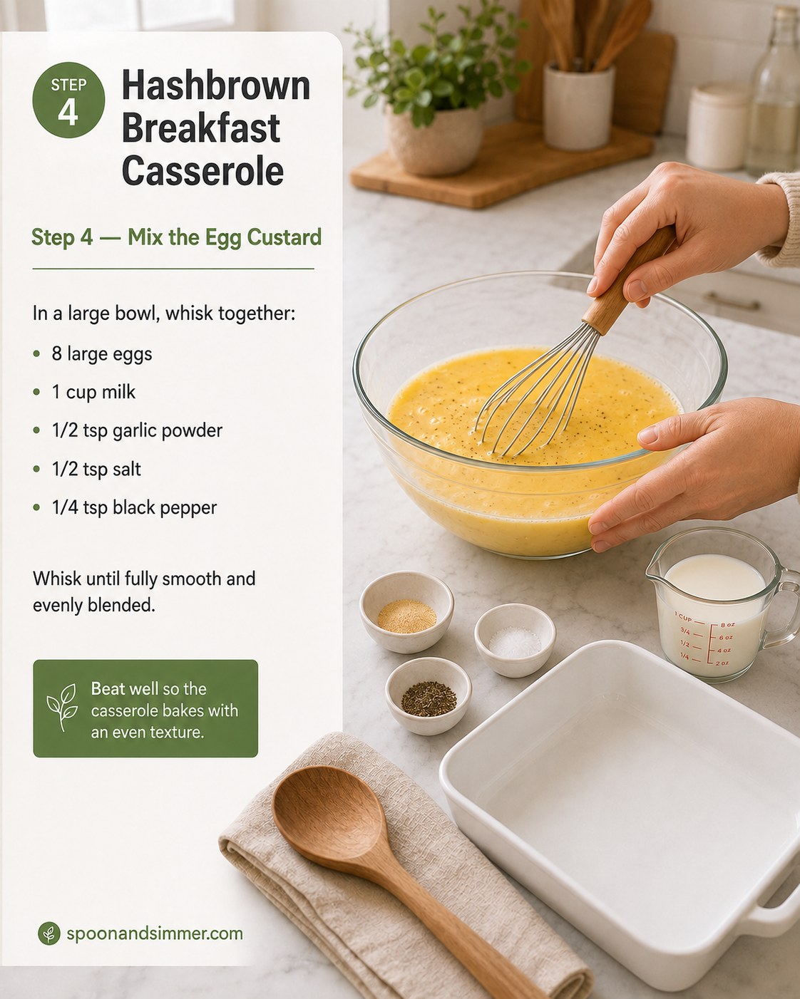 Whisking eggs and milk into a smooth custard for sausage hash brown breakfast casserole