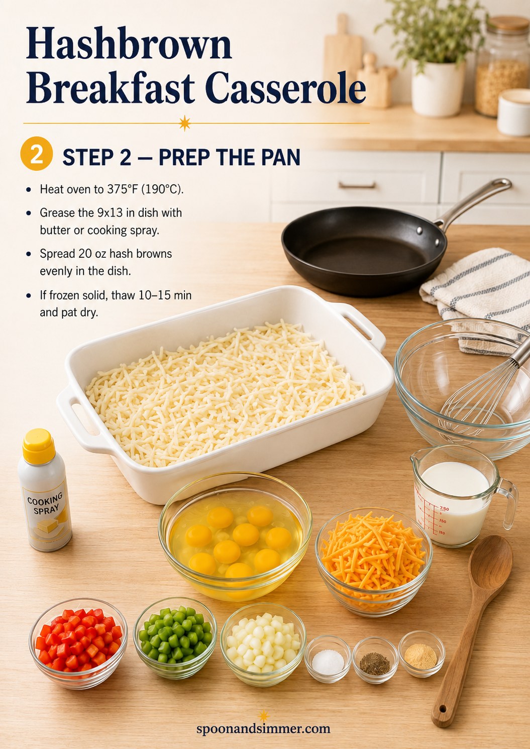 Frozen hash browns spread evenly in a greased 9x13 dish for sausage hashbrown breakfast casserole
