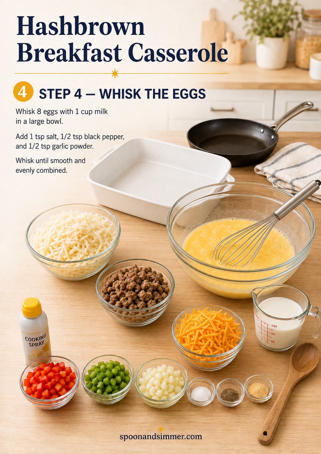 Whisking eggs and milk in a glass bowl for the custard in sausage hashbrown breakfast casserole