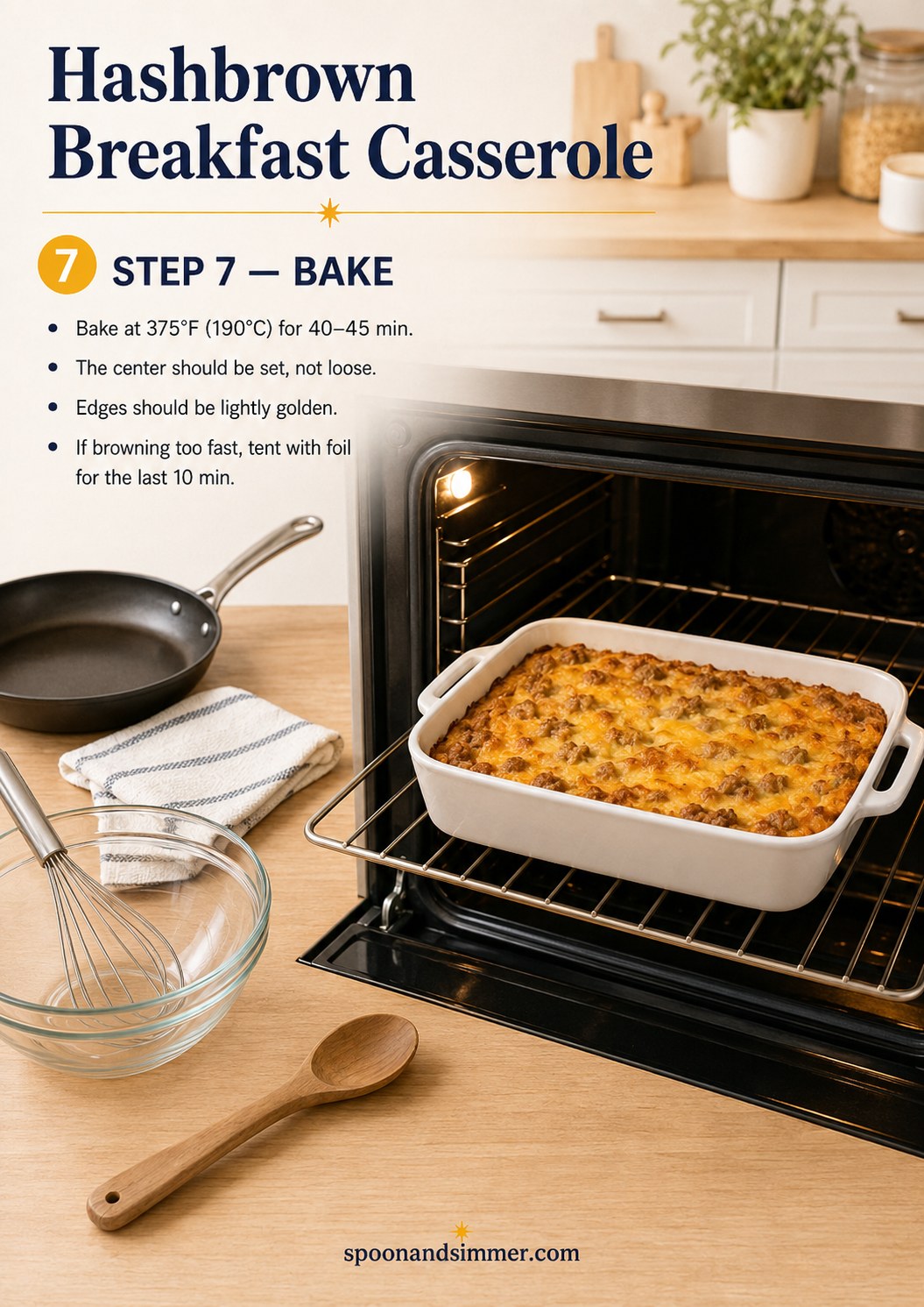 Sausage hashbrown breakfast casserole baking in the oven with golden, set edges
