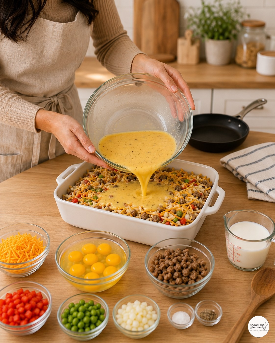 Pouring egg custard over sausage hashbrown breakfast casserole layers in a baking dish