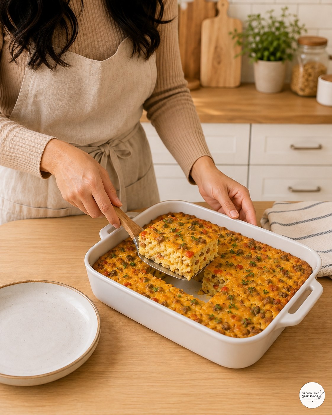 Slicing sausage hashbrown breakfast casserole into squares with a spatula in the baking dish