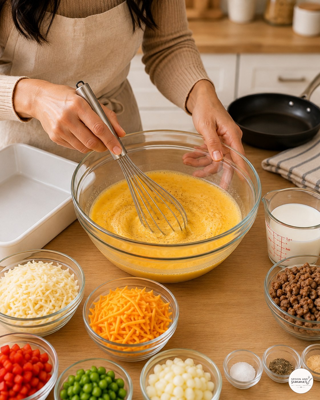 Whisking egg and milk custard in a glass bowl for sausage hashbrown breakfast casserole