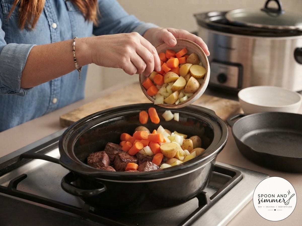 Carrots, baby potatoes, and onions added raw to the slow cooker alongside seared beef.