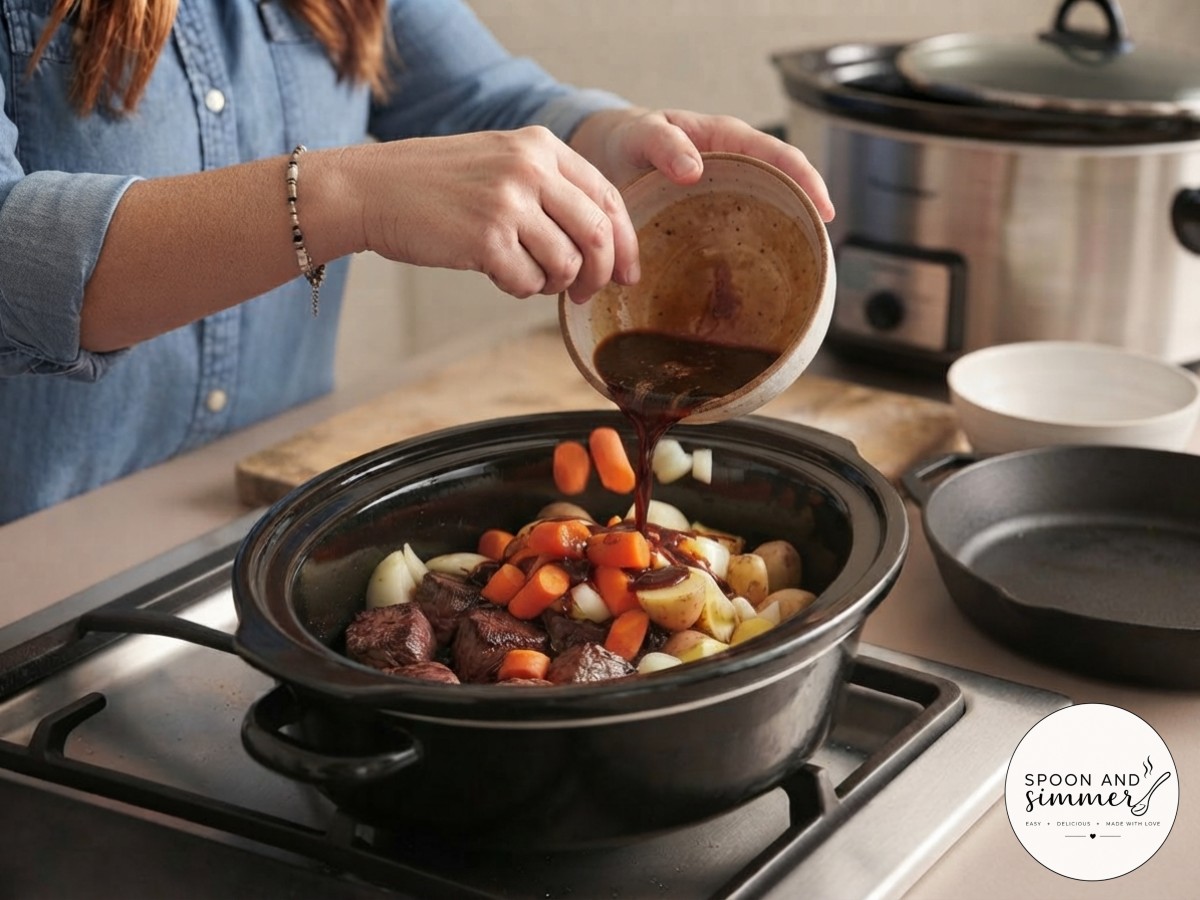 Beef broth, tomato paste, and Worcestershire sauce poured over the slow cooker beef stew ingredients.