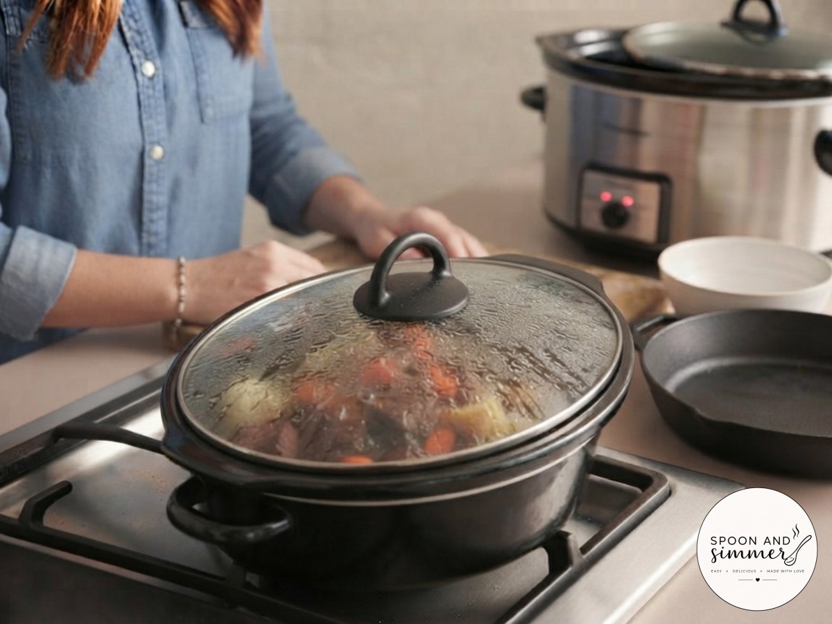 Slow cooker lid closed with condensation forming as the beef stew simmers low and slow.