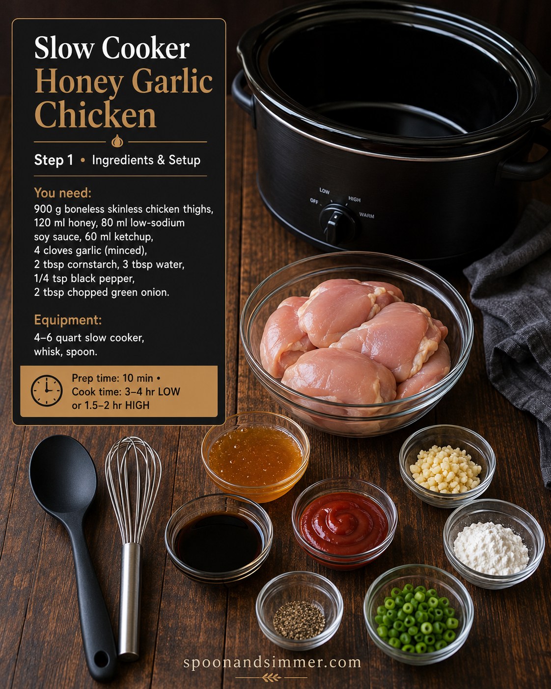 Ingredients laid out for slow cooker honey garlic chicken, including thighs, honey, soy sauce, and garlic