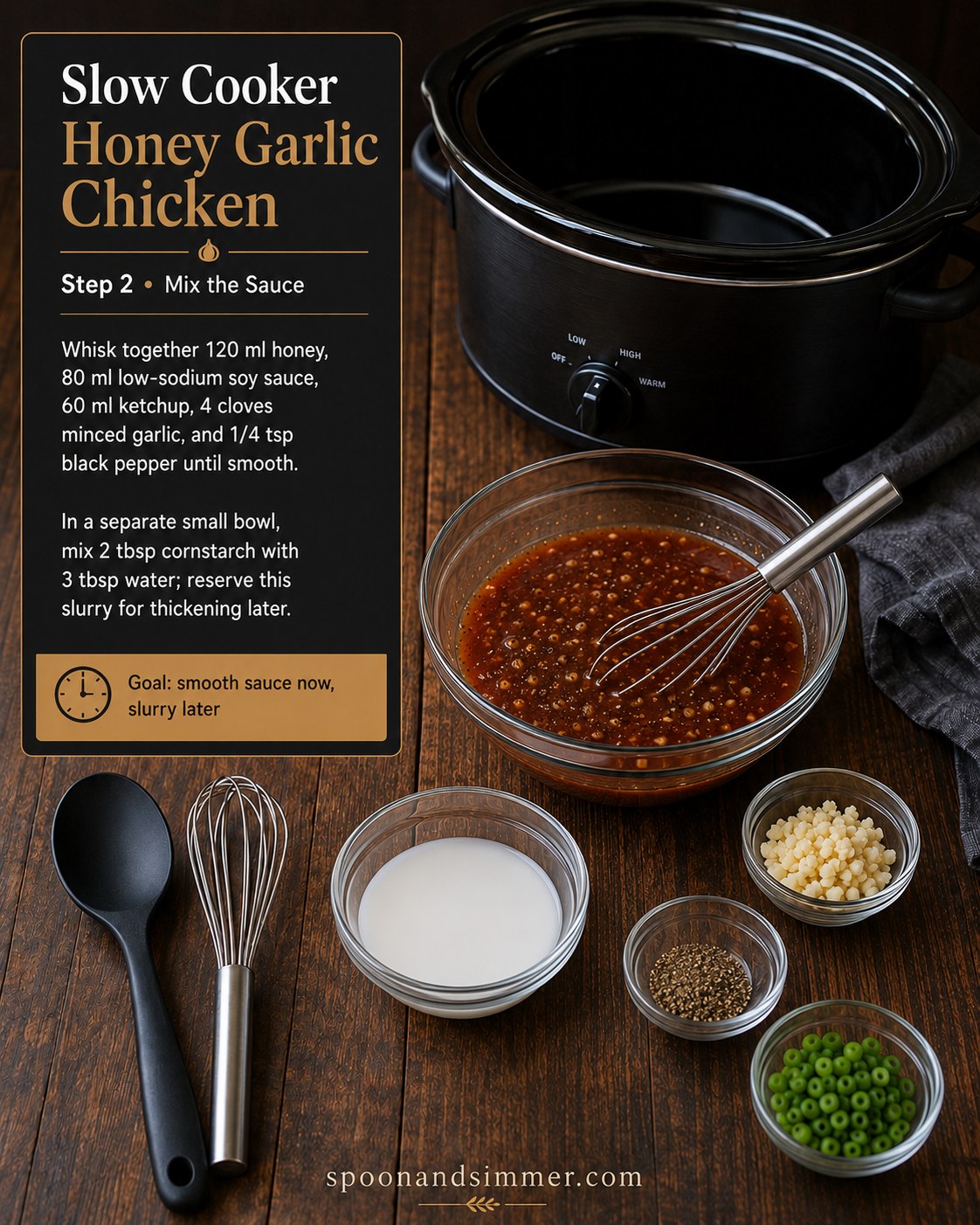 Whisking the honey garlic sauce smooth in a bowl before pouring it over slow cooker chicken thighs