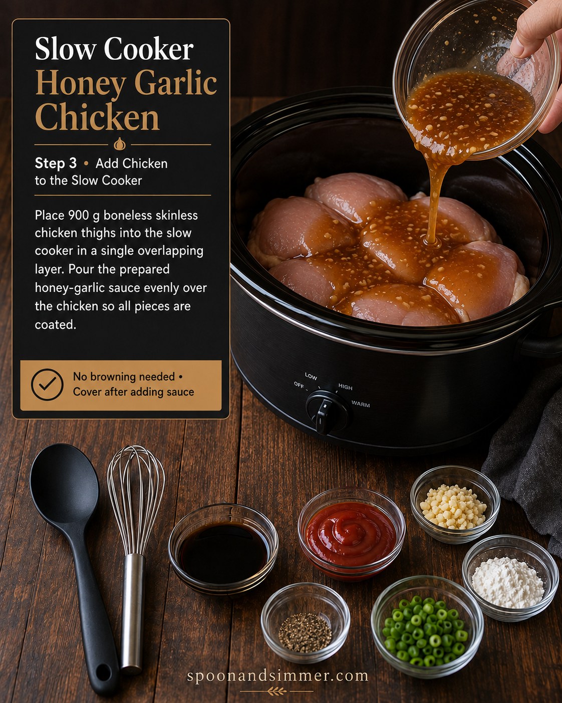 Pouring honey garlic sauce over raw chicken thighs layered in the slow cooker before cooking