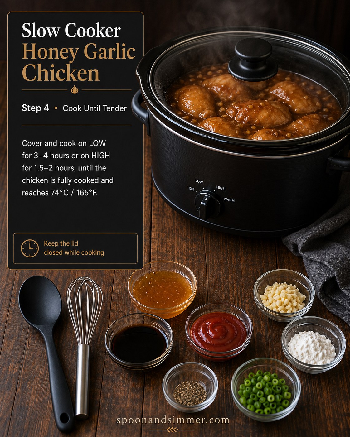 Slow cooker honey garlic chicken bubbling and turning deep amber after hours of low heat