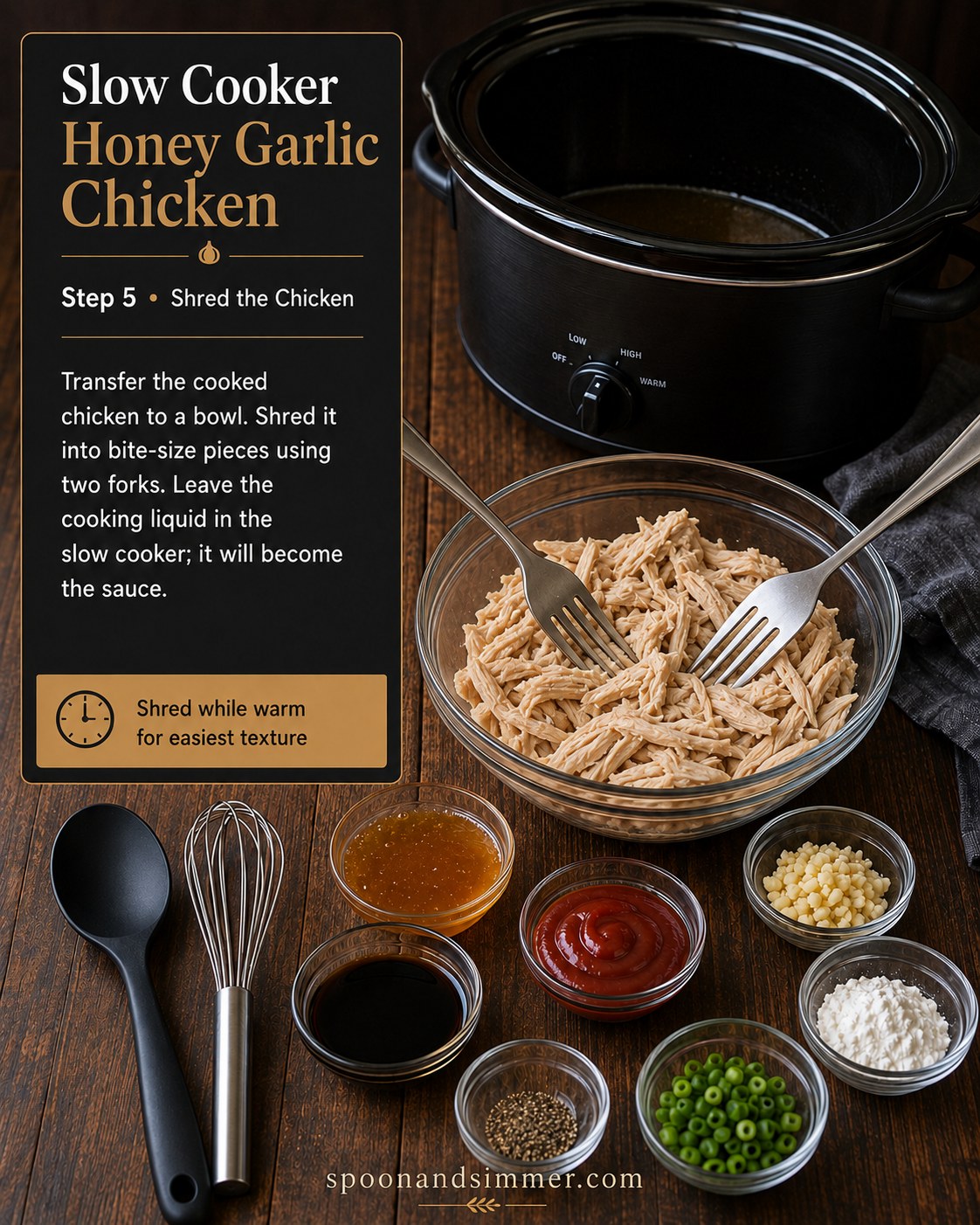Shredding tender slow cooker honey garlic chicken with two forks while still warm