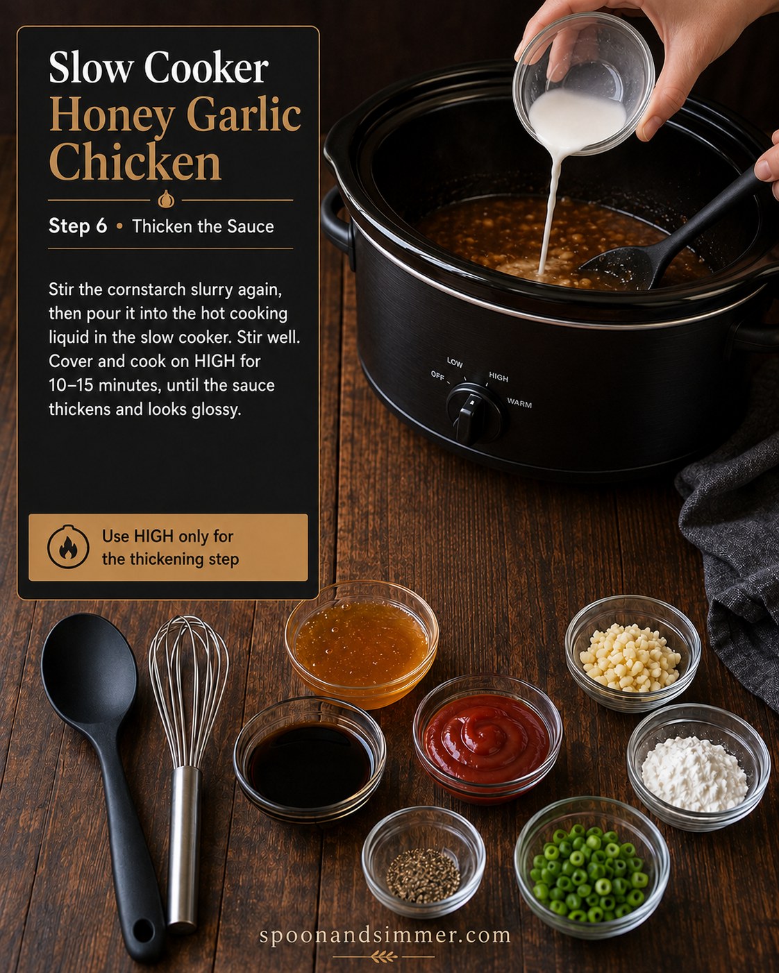Pouring a cornstarch slurry into the slow cooker to thicken the honey garlic sauce