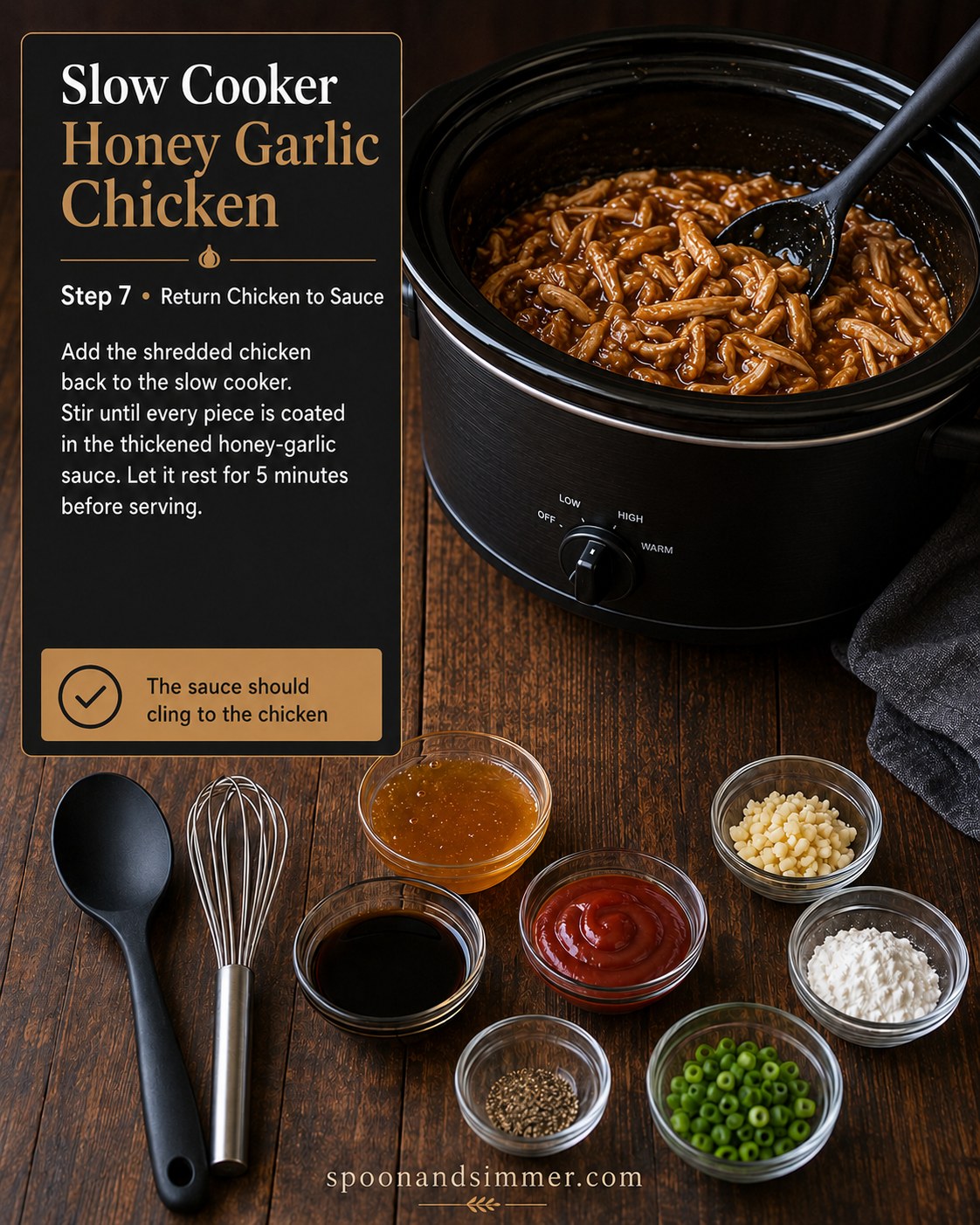 Stirring shredded chicken back into the glossy, thickened honey garlic slow cooker sauce