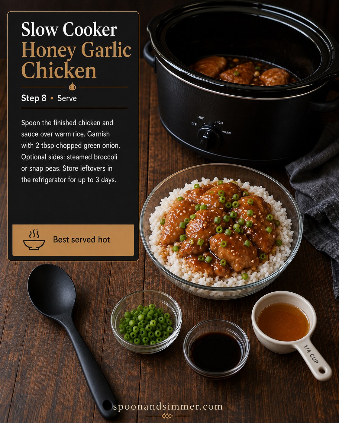 Serving slow cooker honey garlic chicken over rice with green onion garnish
