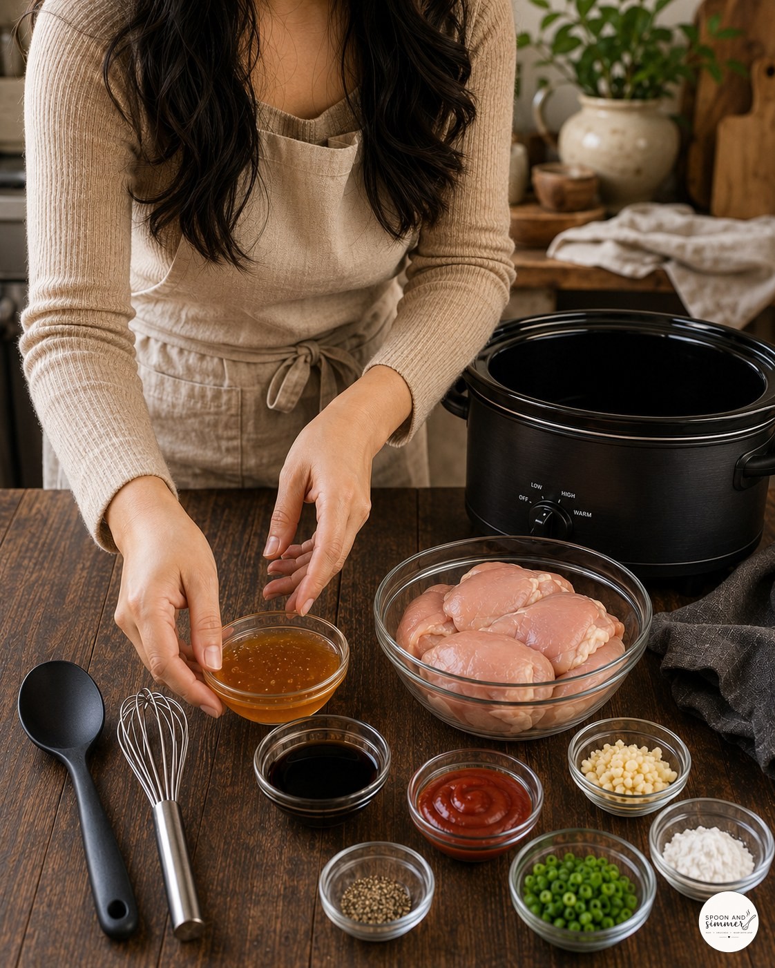 Mari lining up ingredients for slow cooker honey garlic chicken on a wooden countertop