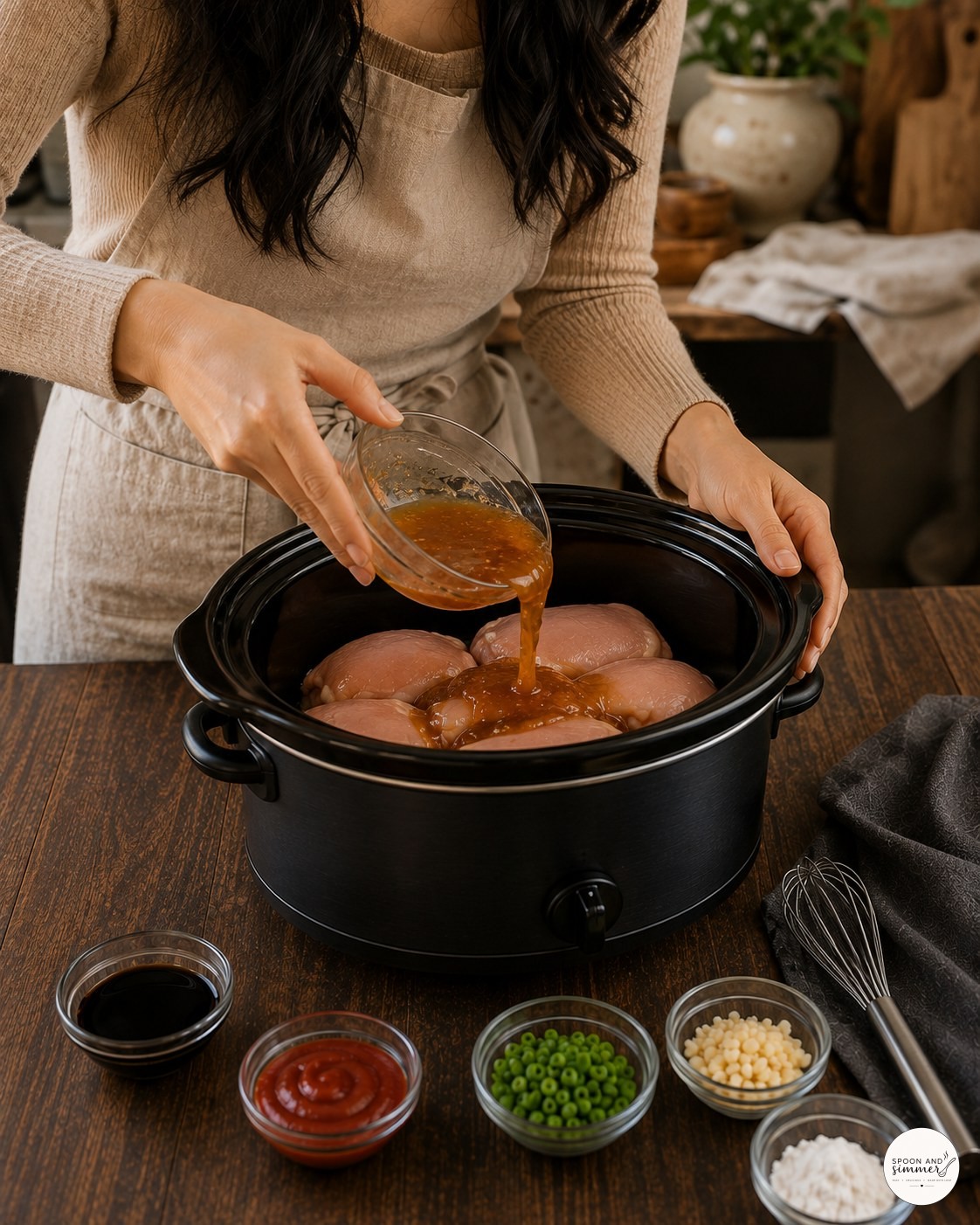 Pouring homemade honey garlic sauce over chicken thighs in an oval slow cooker