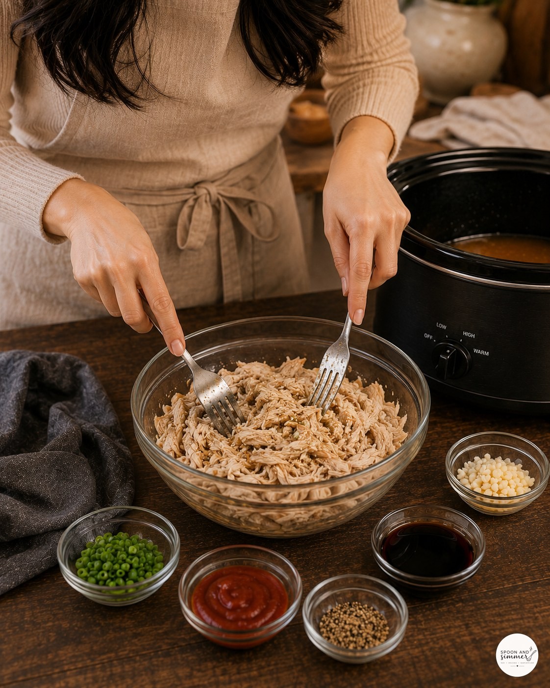 Shredding warm honey garlic chicken into bite-size pieces with two forks