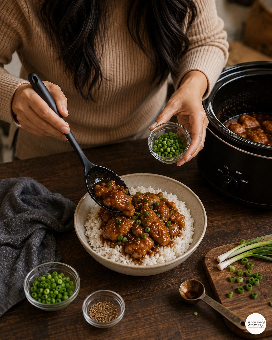 Spooning finished honey garlic chicken and sauce over a bowl of steamed rice