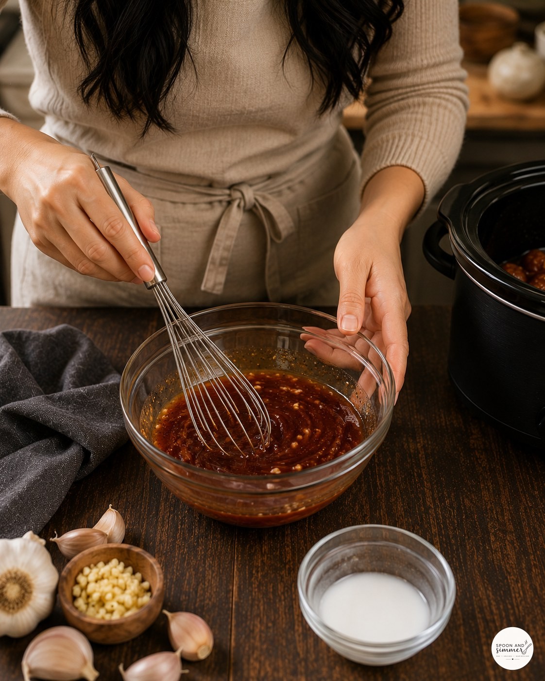 Whisking fresh honey garlic sauce by hand next to whole garlic bulbs and cornstarch