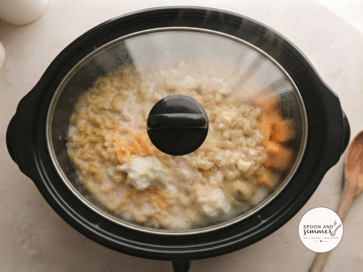 Steam fogs the glass lid as the mac and cheese cooks low and slow in the crockpot.