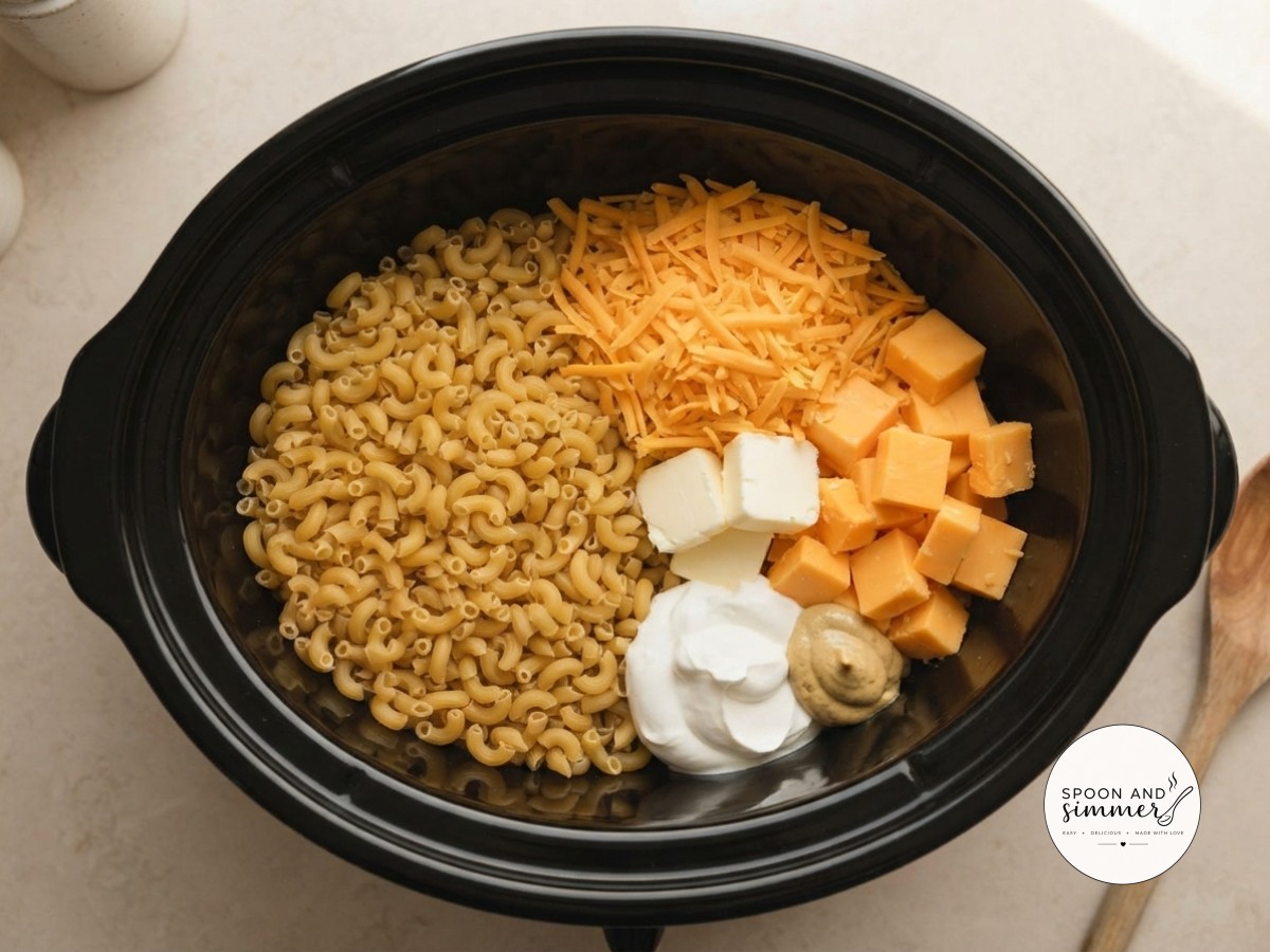 Dry elbow macaroni and cheese cubes sit unmixed in the slow cooker insert, ready to cook.